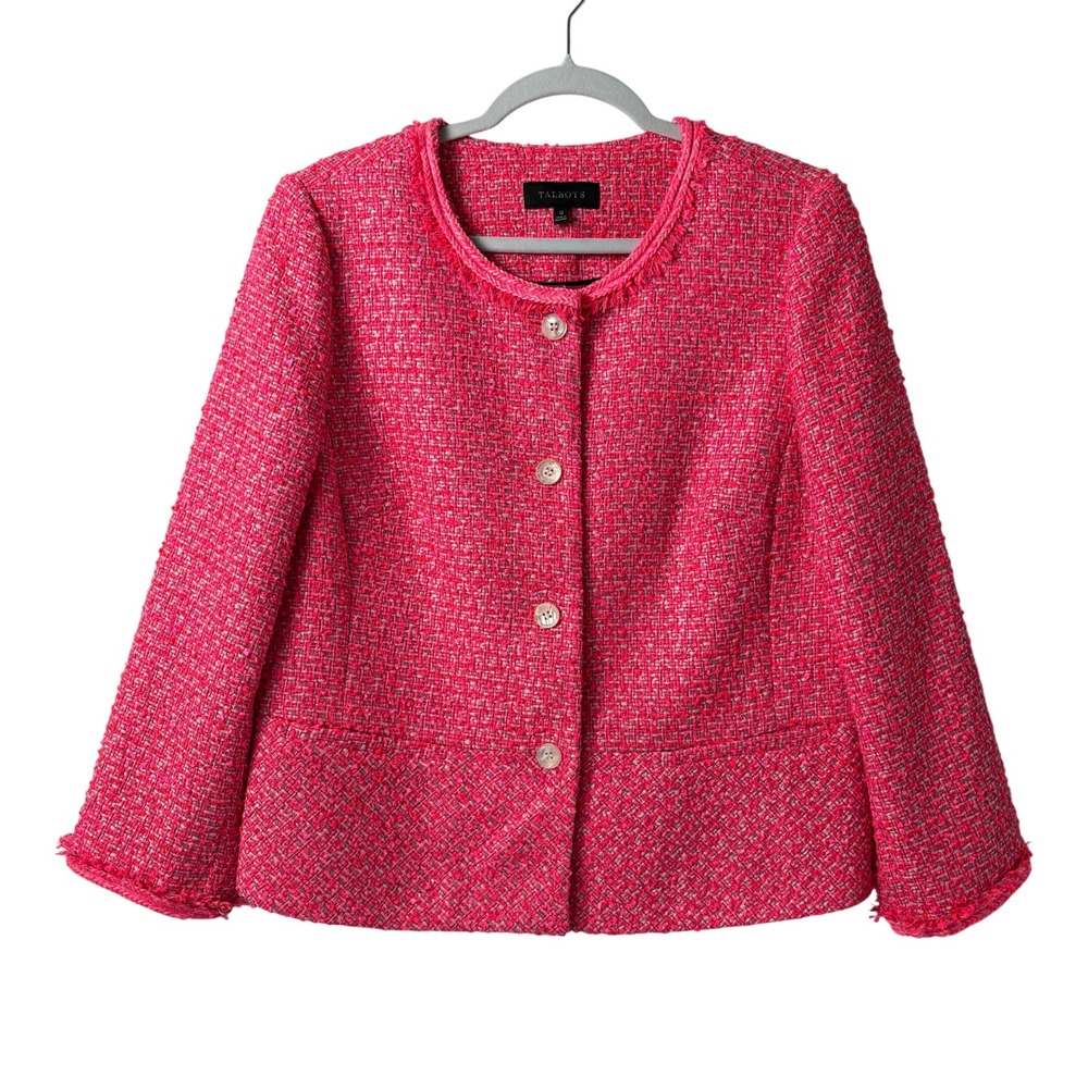 Talbots Tweed Blazer Womens 12 Pink Fringe‎ Trim Button Front Peplum Jacket NWOT